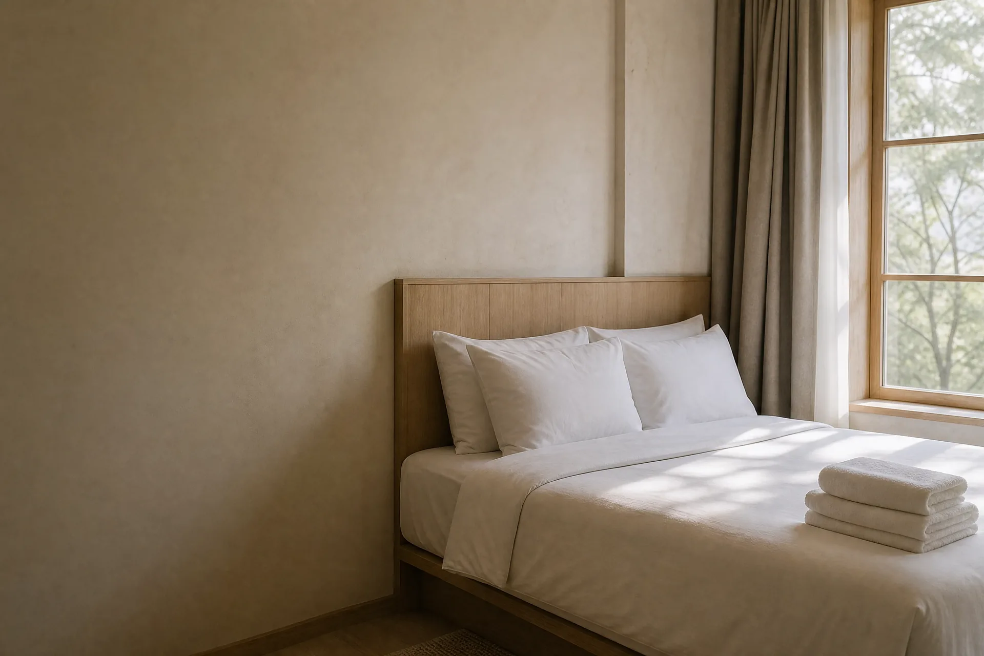 Hotel bed freshly made with crisp white sheets and pillows beside a sunlit window
