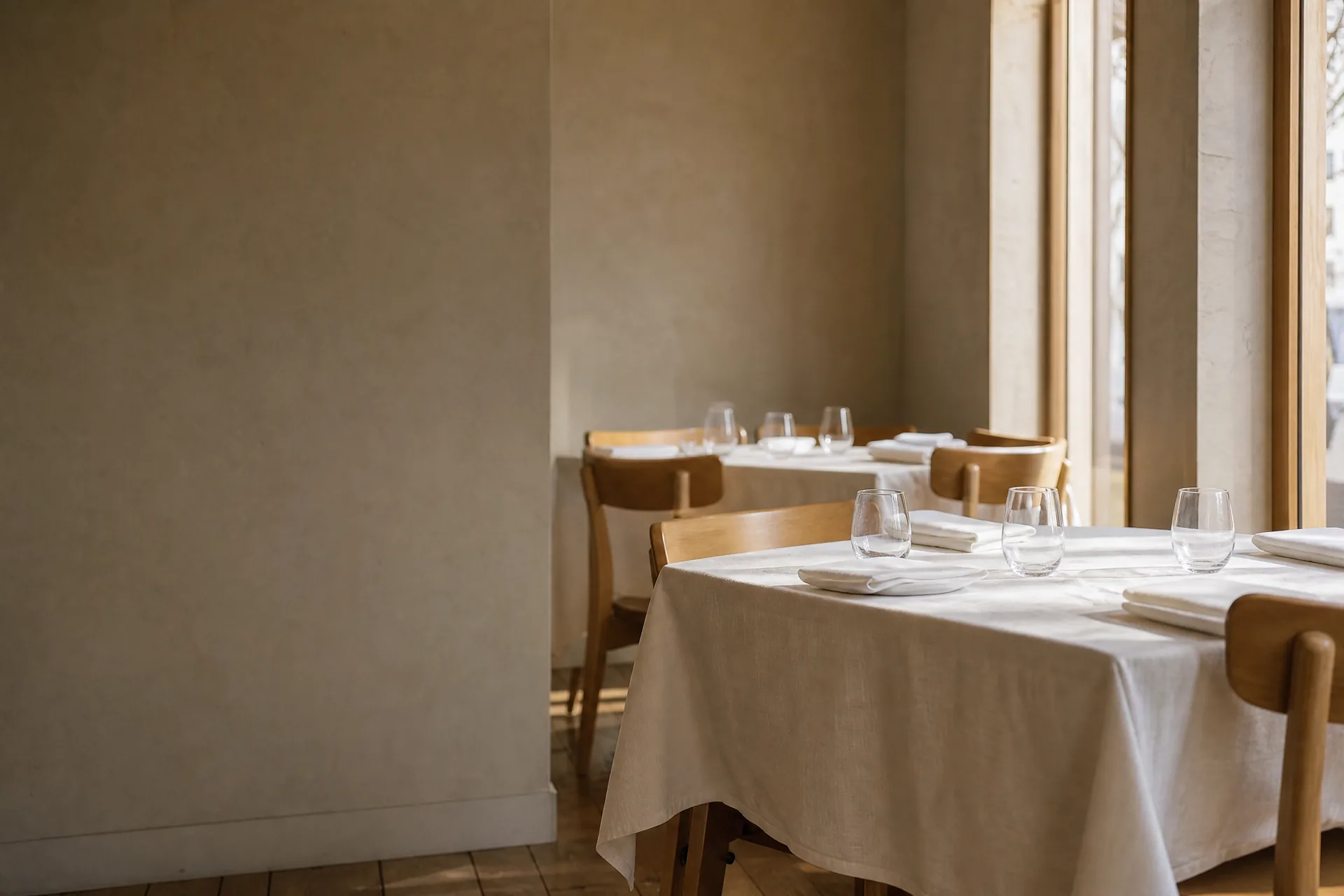 Restaurant table dressed with a crisp white tablecloth, folded napkins and glassware beside a sunlit window