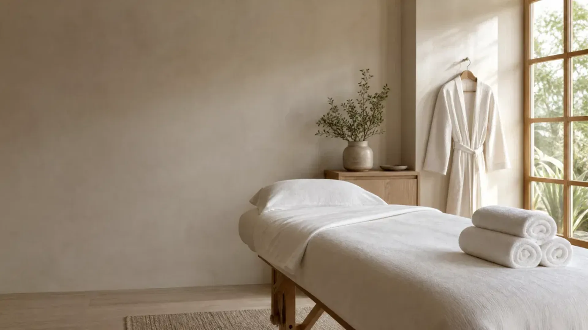 Spa treatment room with a massage table freshly made with white linens, rolled towels and a robe